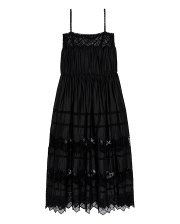 The Rosette Crochet Dress by THE GREAT. (Black) features a sleeveless midi cotton design with thin straps, Victorian-inspired lace on the bodice and hem, and a gathered waist.