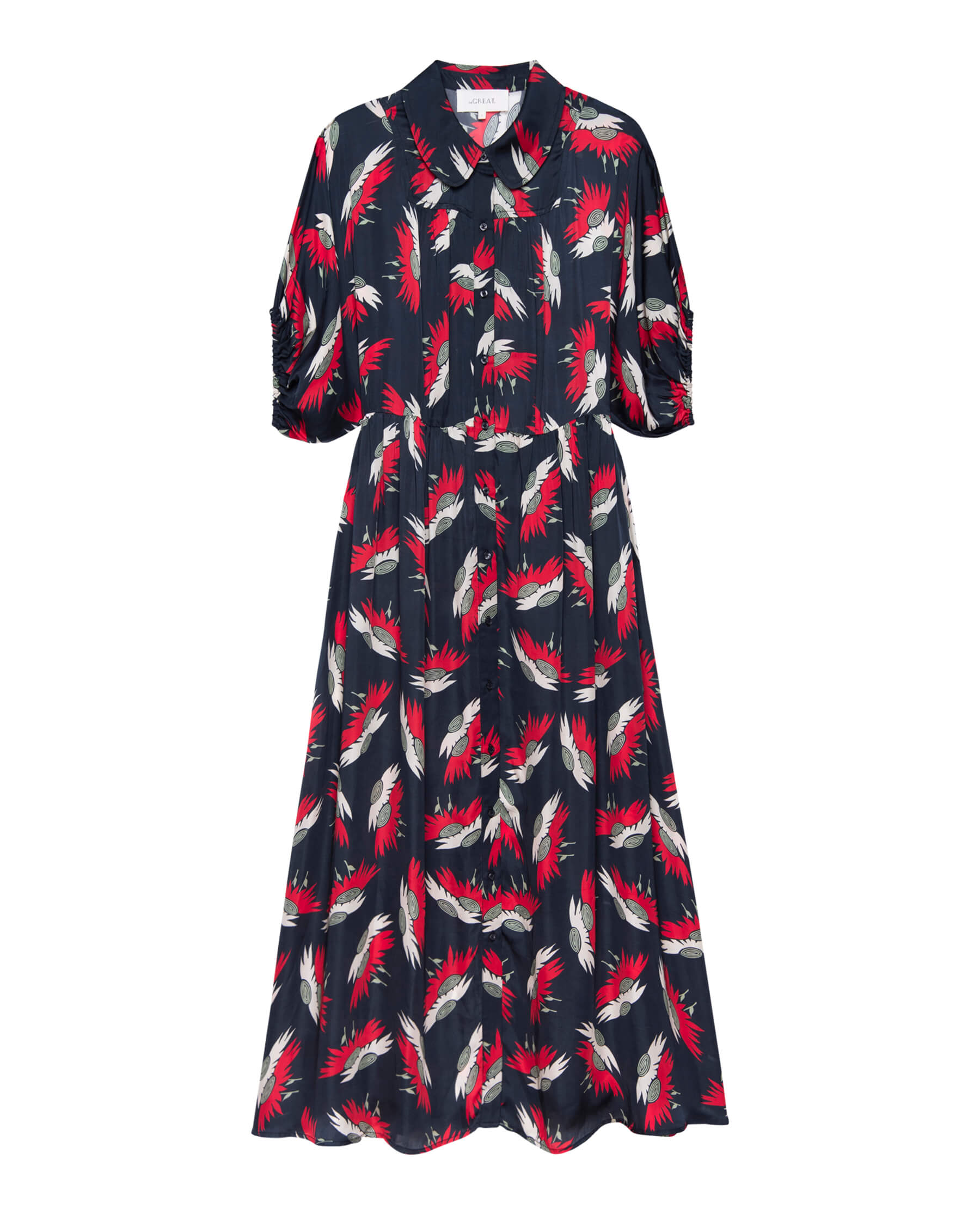 The Raven Dress. -- Navy Birds Of Paradise Print DRESSES THE GREAT. SP24 D1