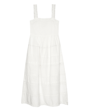 The Reverie Dress by THE GREAT. PF25 is a sleeveless white cotton dress with wide straps, a square neckline, and a gathered mid-length skirt featuring horizontal lace trim—a timeless fashion staple.