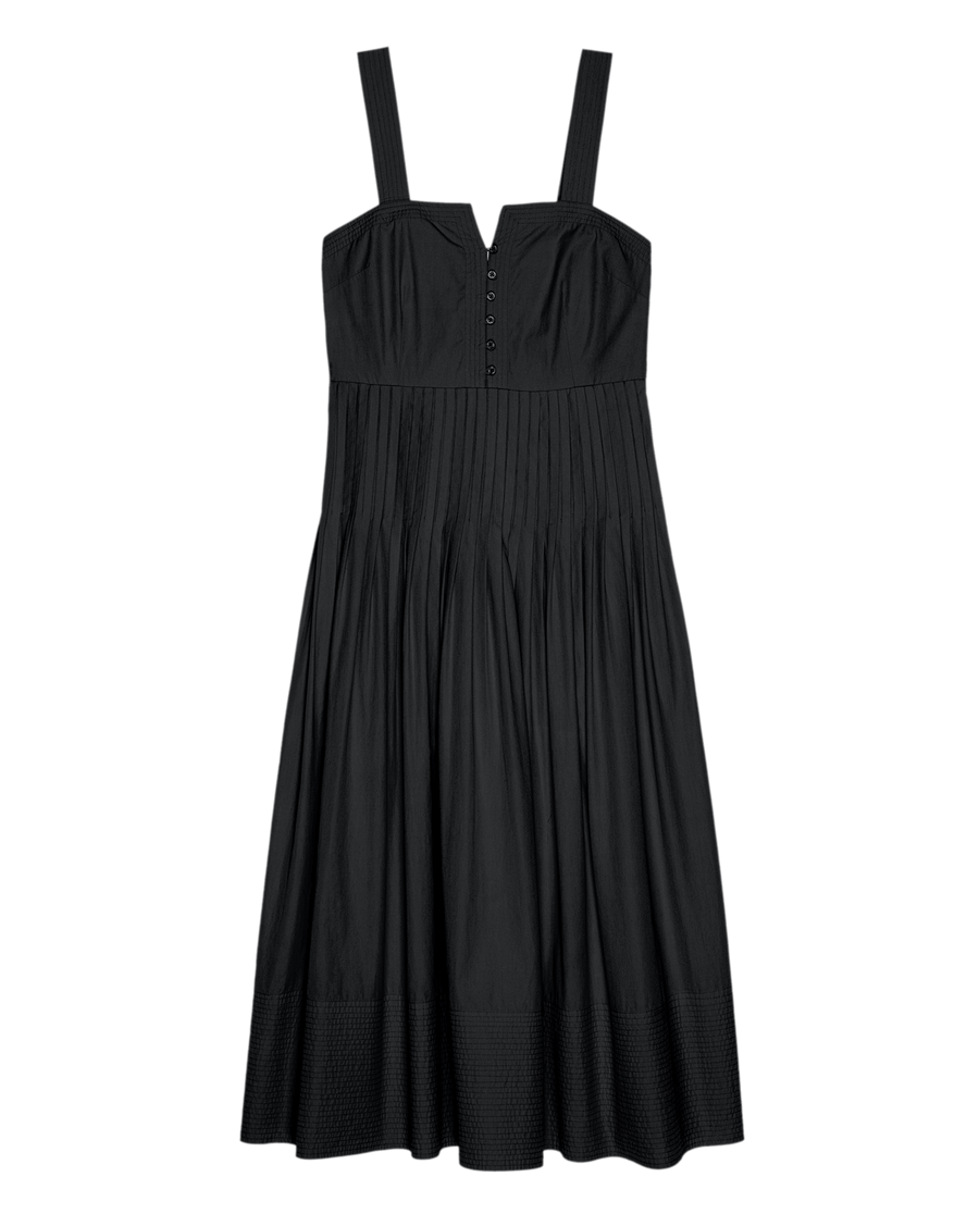 The Day Break Dress by THE GREAT. SU25 in black features wide shoulder straps, button bodice detail, a fitted waist, and a pleated skirt.