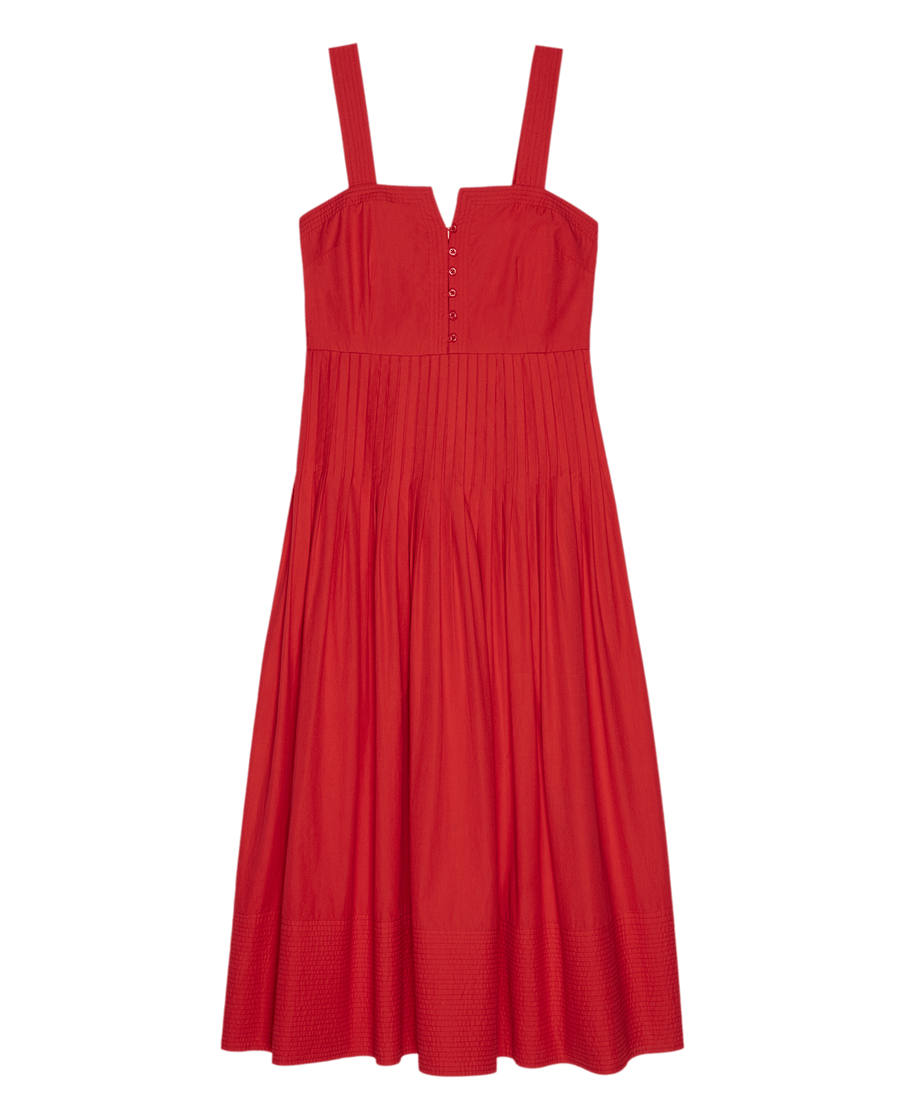 The Day Break Dress—Hot Red by THE GREAT. SU25 is a sleeveless midi with wide straps, front buttons, fitted bodice, and pleated skirt—ideal for casual occasions and elevating your everyday women’s style.