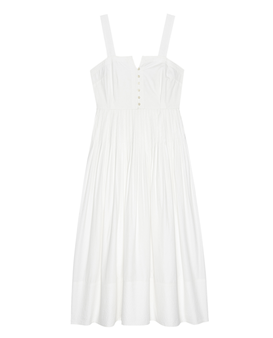 The Day Break Dress by THE GREAT. SU25 is a sleeveless white midi with wide straps, a buttoned fitted bodice, and a gathered flared skirt—ideal for easy, effortless style.