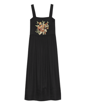 THE GREAT. PF25 The Day Dress in black features a sleeveless design, square neckline, and bouquet floral embroidery on the chest.