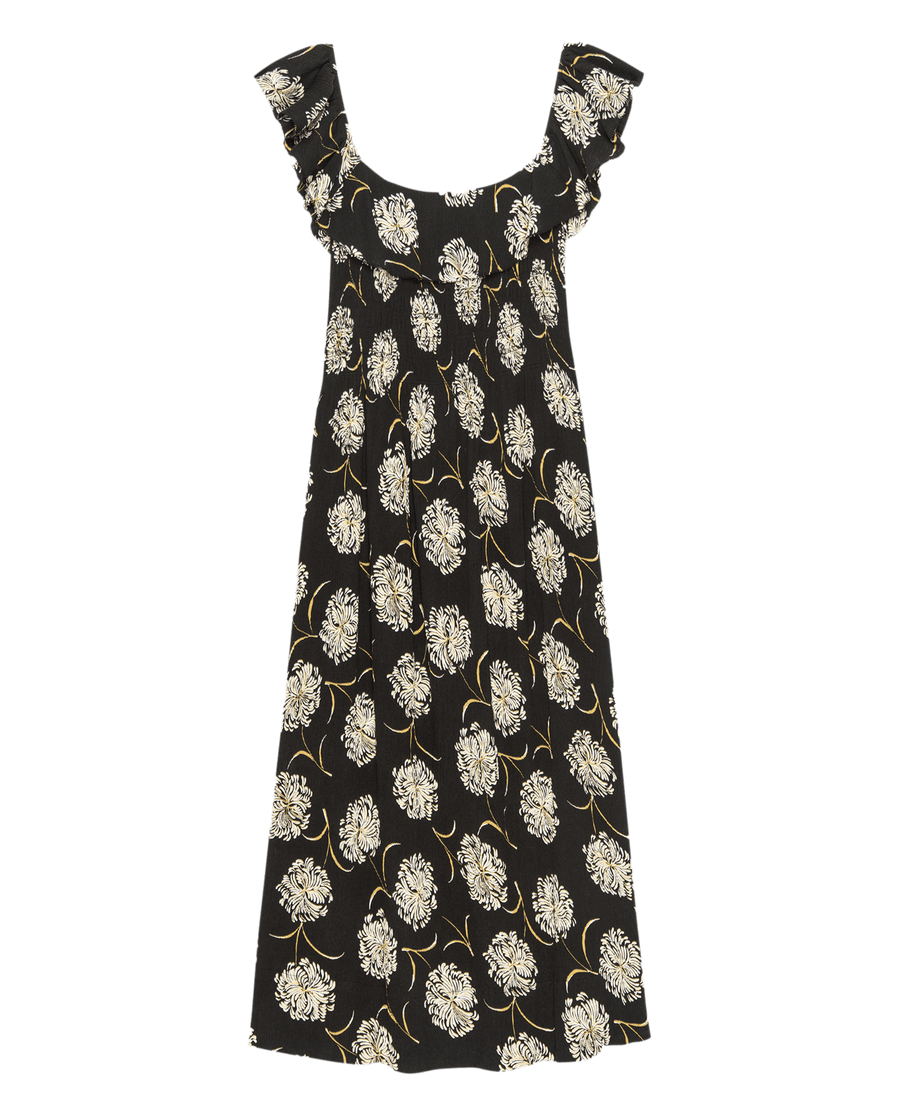 The Havana Dress by THE GREAT. SU25 in Black Dancing Floral features short ruffled sleeves and a loose, flowing silhouette.