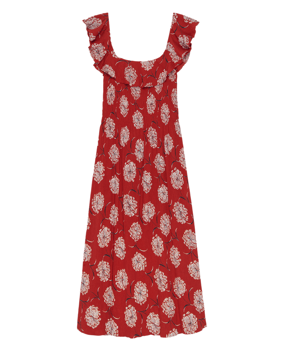 The Havana Dress in True Red Dancing Floral by THE GREAT. SU25 features white floral prints and ruffled sleeves, is knee-length, and ideal for summer, displayed on a plain background.