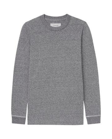 The Long Sleeve Slim Tee in Heather Grey by THE GREAT. F25 CORE KNITS is shown laid flat on a white background, making it a versatile layering essential.