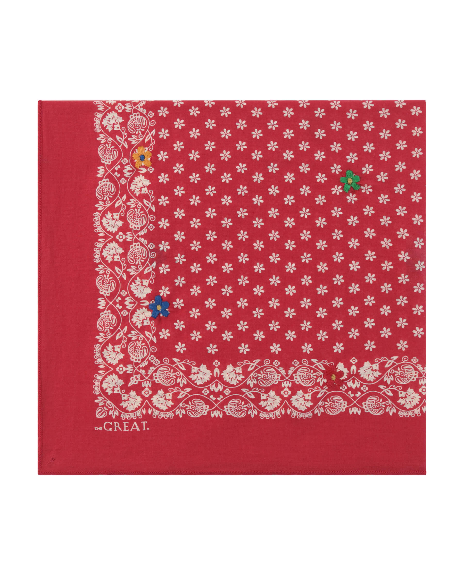 The Bandana with Embroidered Daisies. -- Bright Red with Multi