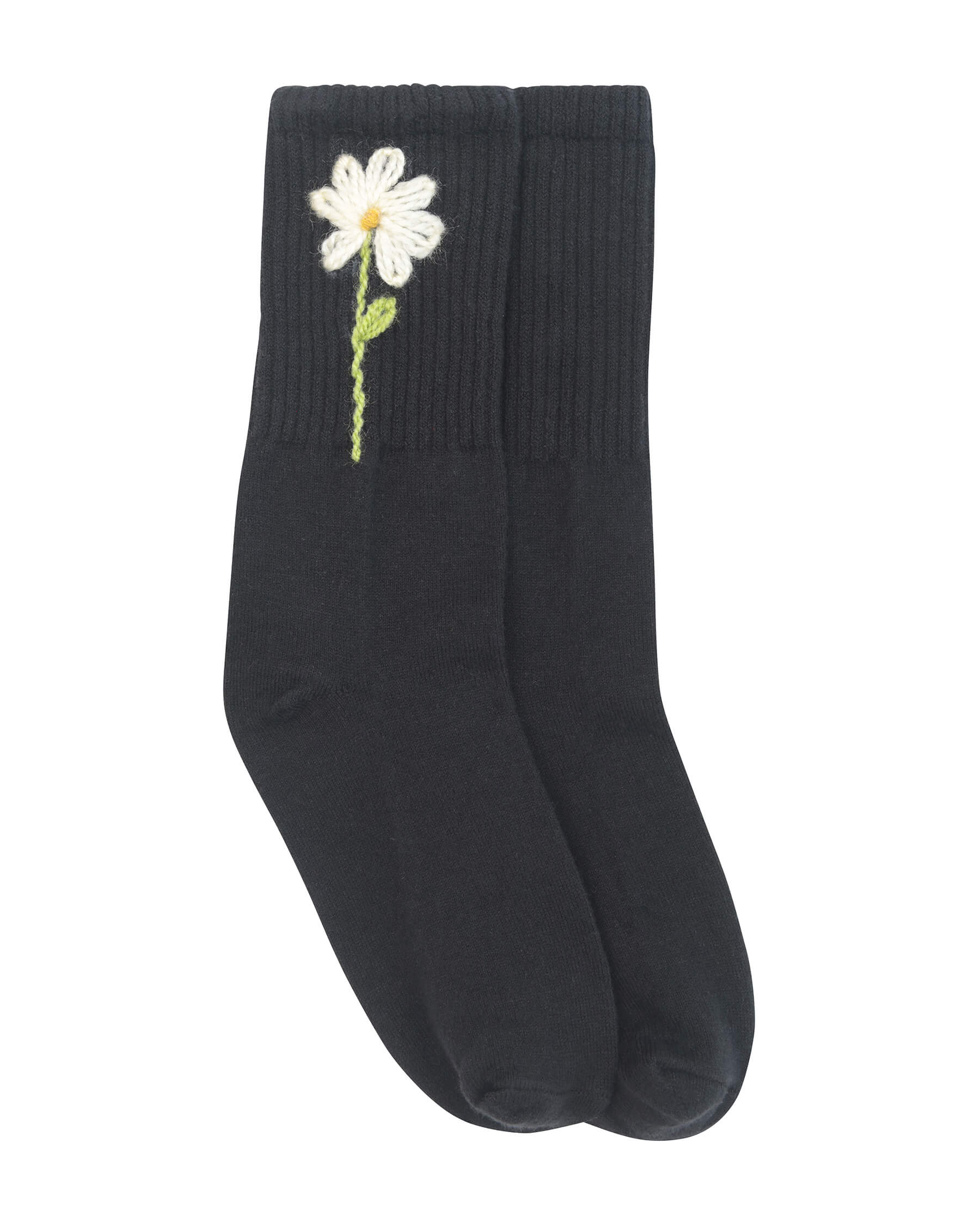 The Embroidered Daisy Crew Sock. -- Almost Black with Cream Flower