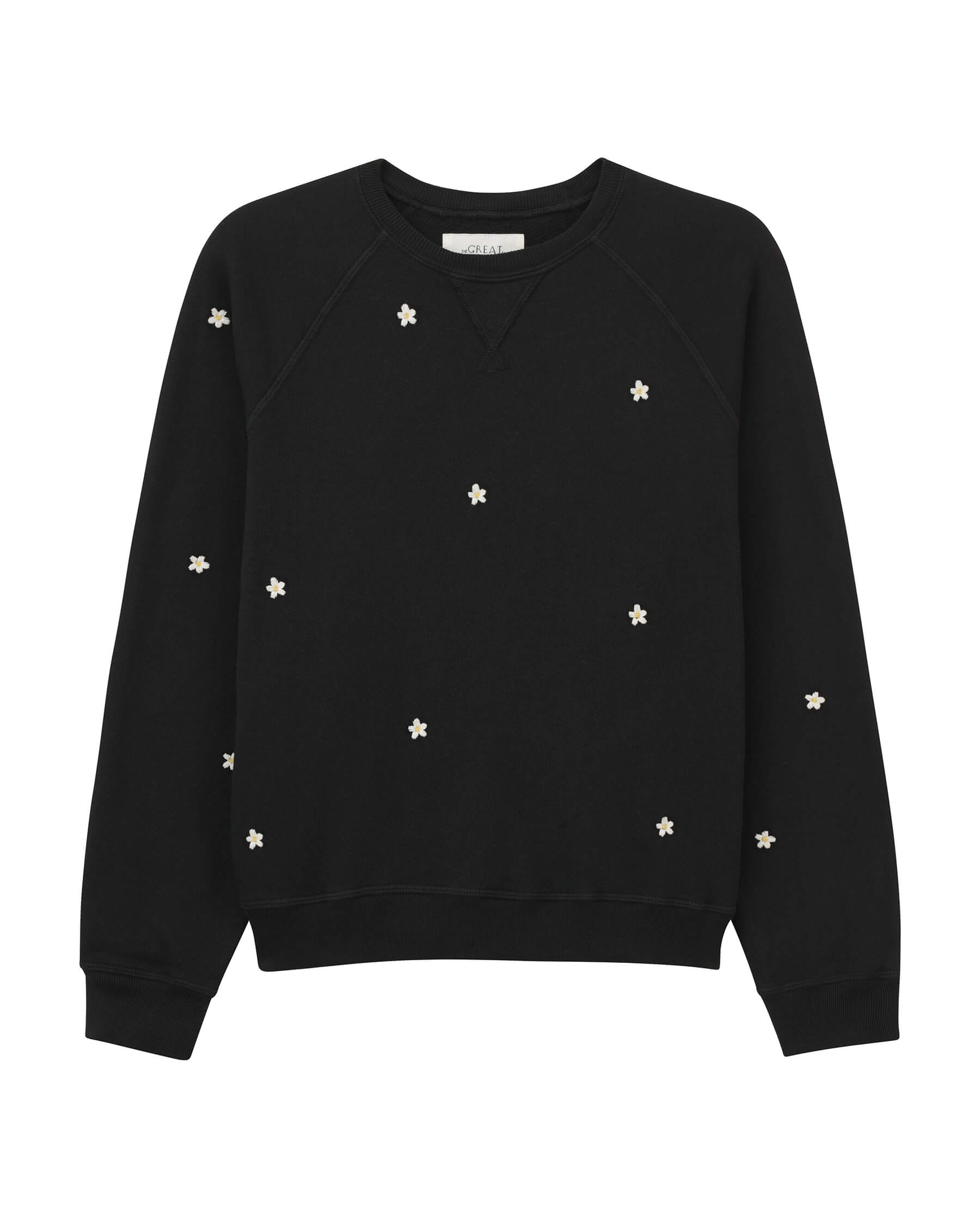 The Slouch Sweatshirt. Embroidered -- Almost Black with Cream Flowers