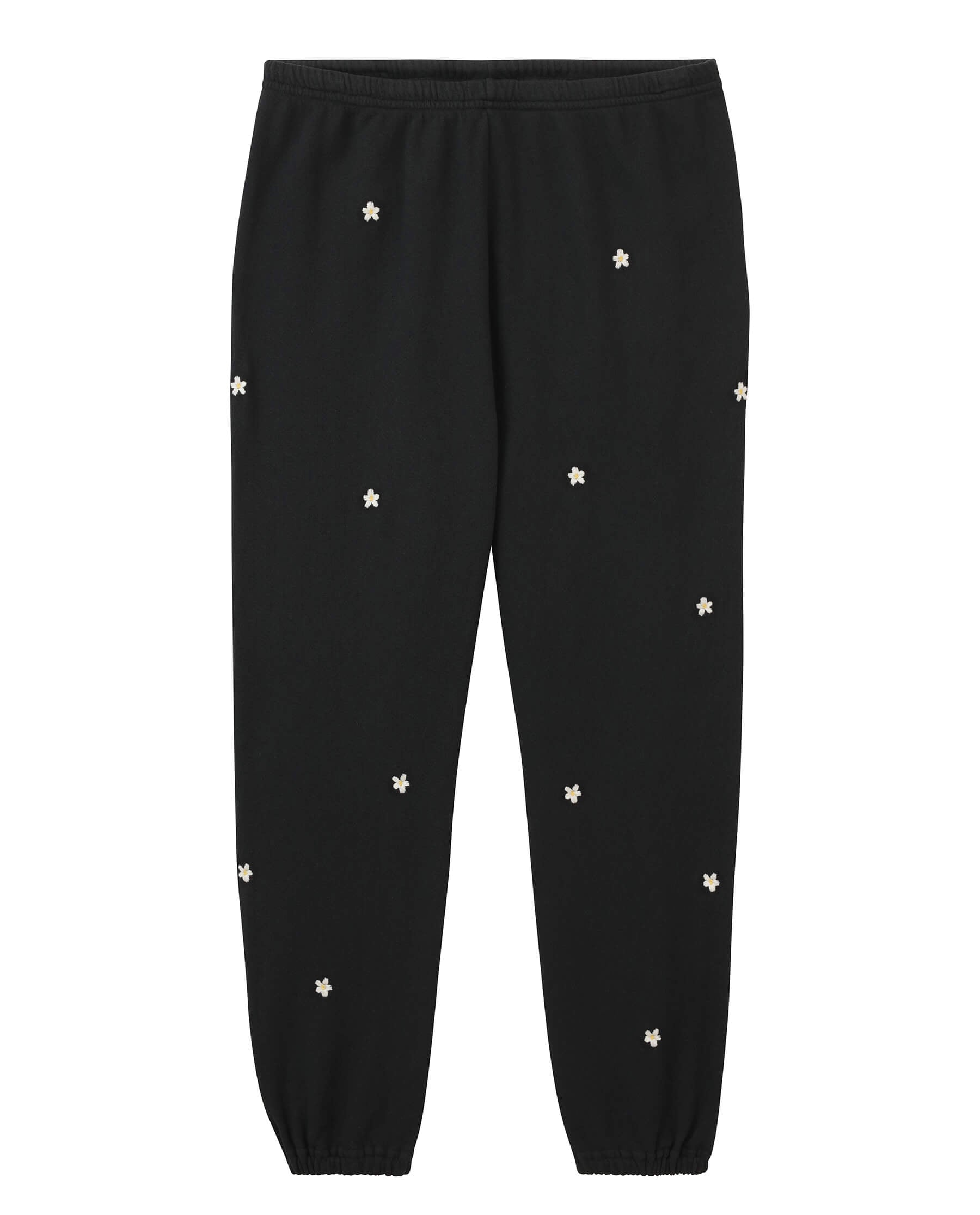 The Stadium Sweatpant. Embroidered -- Almost Black with Cream Flowers