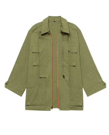 THE GREAT. F25 D1 Quilted Liner Parka in Army with Hot Orange features utility pockets, front zipper, snap buttons, flap chest pockets, adjustable sleeves, and a removable faux fur collar for versatile style.