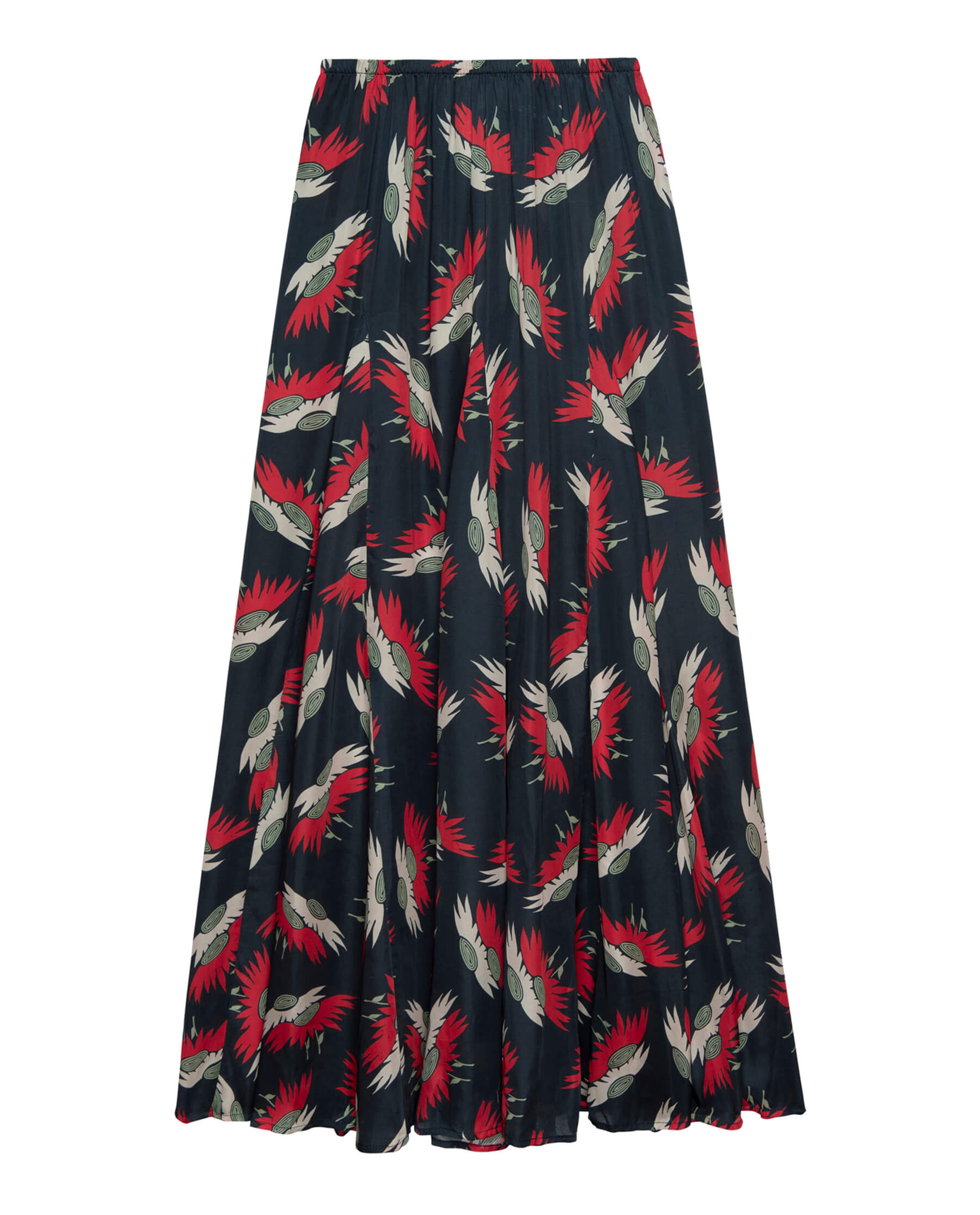 The Godet Skirt. -- Navy Birds Of Paradise Print SKIRTS THE GREAT. SP24 D1