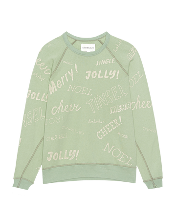 THE GREAT. H25 LITTLE HOLIDAY GRAPHICS presents The Little College Sweatshirt in vintage mint, featuring holiday greetings like "Jolly!", "Tinsel", "Cheer", and "Noel" in white—a festive, wearable holiday statement.