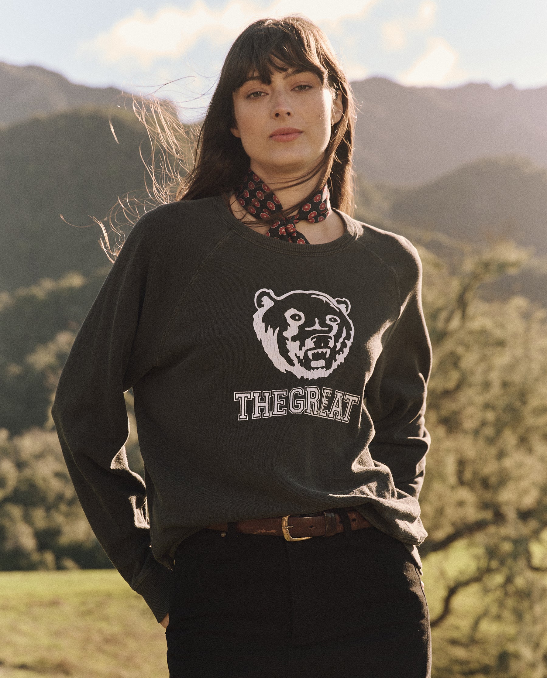 The College Sweatshirt. Graphic -- Washed Black with Bear Graphic SWEATSHIRTS THE GREAT. FALL 24 COLLECTORS