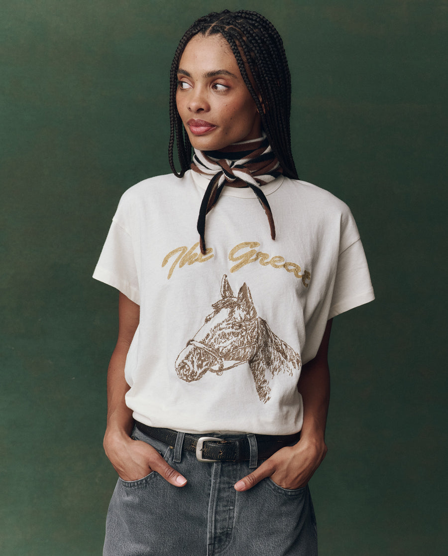 The Boxy Crew. Embroidered -- Washed White with Spice Horse Embroidery