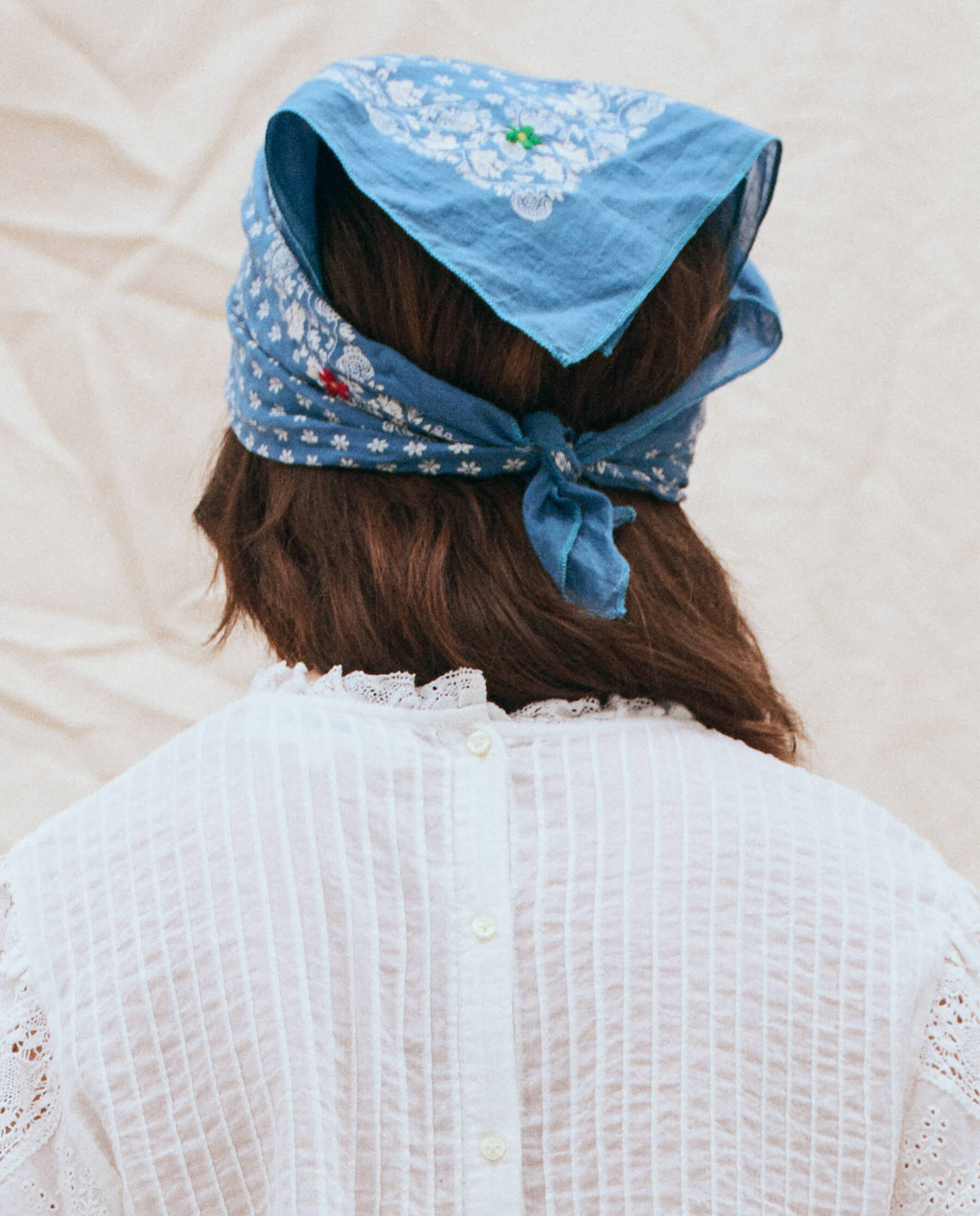 The Bandana with Embroidered Daisies. -- Dusty Blue with Multi