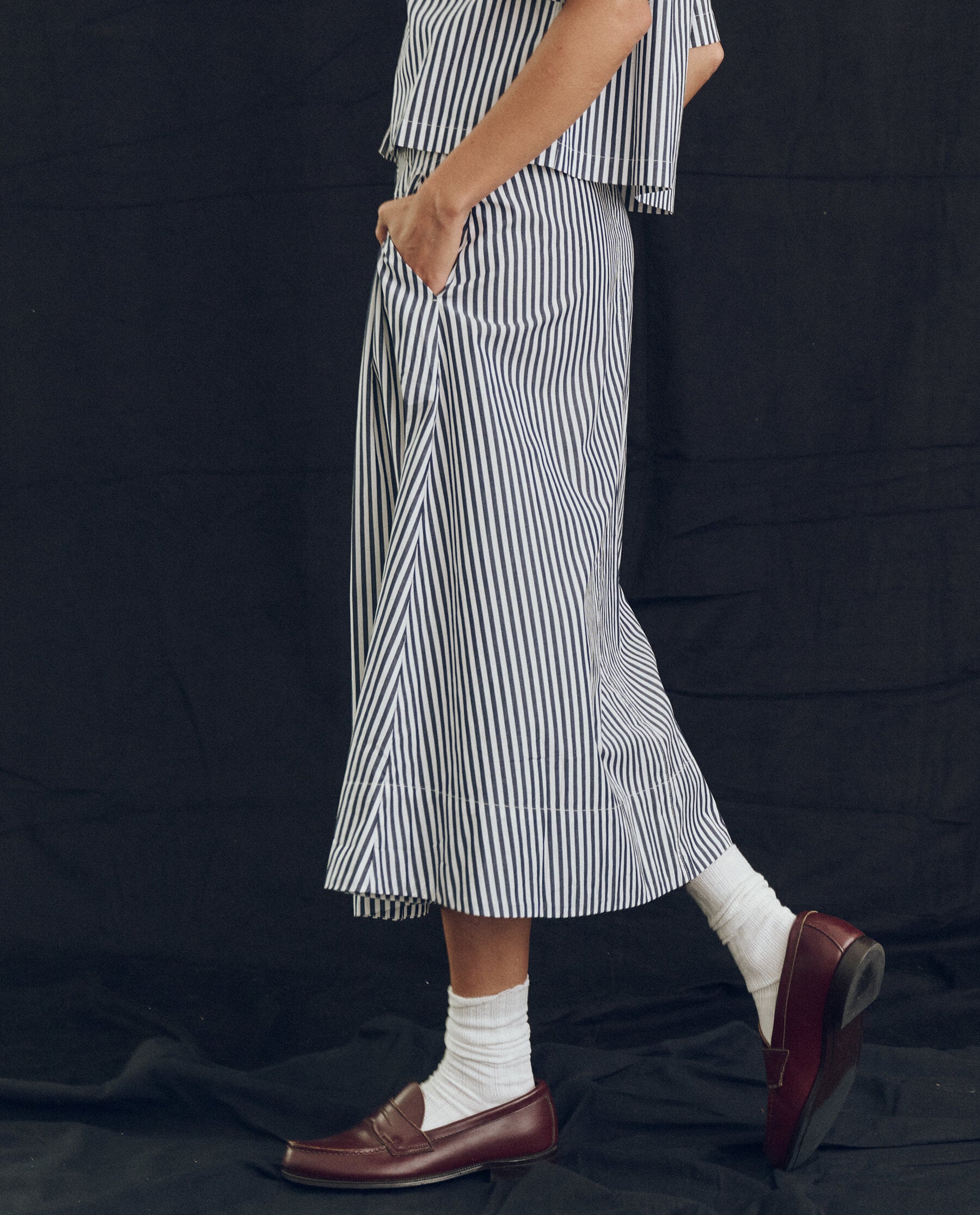 The Field Skirt. -- Navy Studio Stripe SKIRTS THE GREAT. SP24 POPLIN