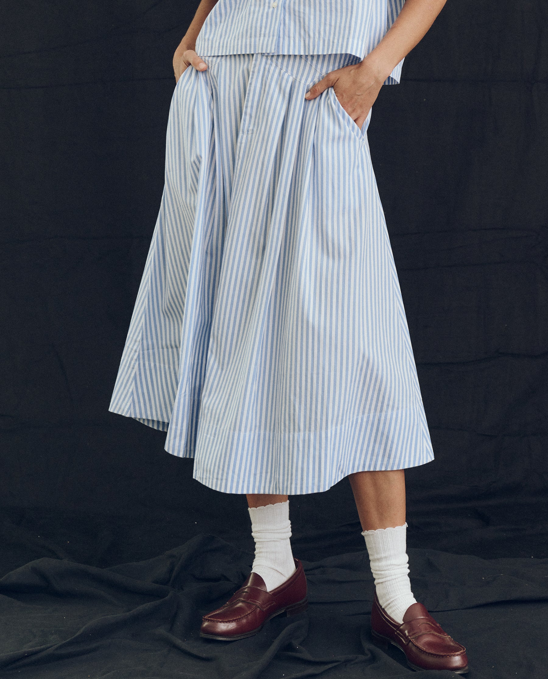 The Field Skirt. -- Light Sky Studio Stripe SKIRTS THE GREAT. SP24 POPLIN