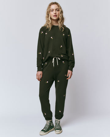 The Stadium Sweatpant. Embroidered -- Woodland Green With Embroidered Roses