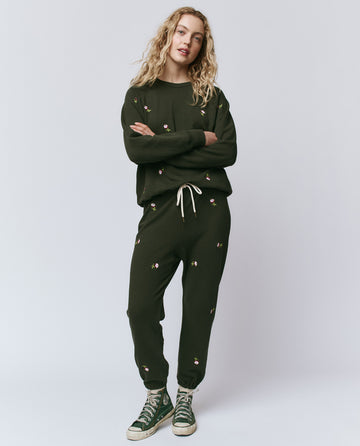 The College Sweatshirt. Embroidered -- Woodland Green With Embroidered Roses