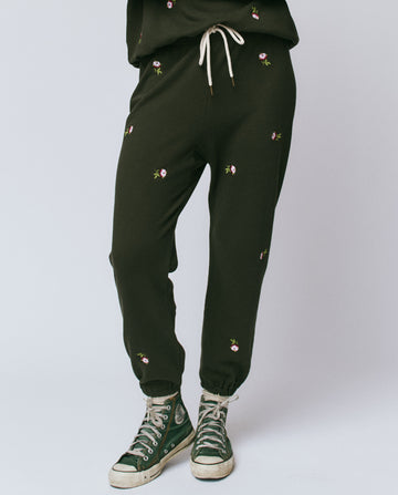 The Stadium Sweatpant. Embroidered -- Woodland Green With Embroidered Roses