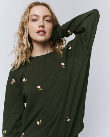 The College Sweatshirt. Embroidered -- Woodland Green With Embroidered Roses