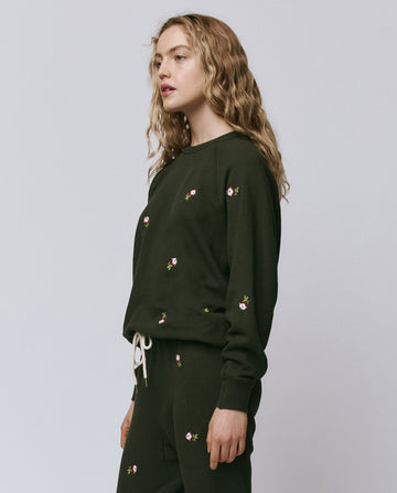 The College Sweatshirt. Embroidered -- Woodland Green With Embroidered Roses