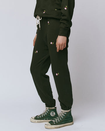 The Stadium Sweatpant. Embroidered -- Woodland Green With Embroidered Roses