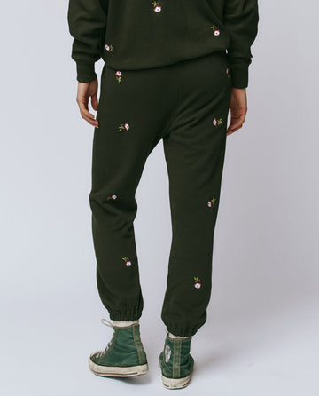 The Stadium Sweatpant. Embroidered -- Woodland Green With Embroidered Roses