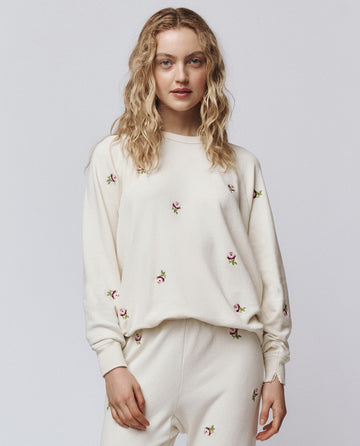 The College Sweatshirt. Embroidered -- Washed White With Embroidered Roses