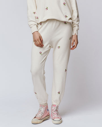 The Stadium Sweatpant. Embroidered -- Washed White With Embroidered Roses
