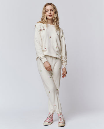 The Stadium Sweatpant. Embroidered -- Washed White With Embroidered Roses