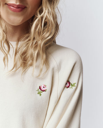 The College Sweatshirt. Embroidered -- Washed White With Embroidered Roses