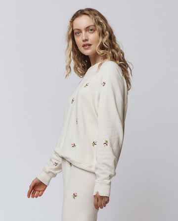 The College Sweatshirt. Embroidered -- Washed White With Embroidered Roses