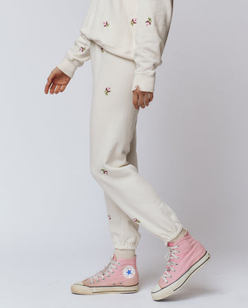 The Stadium Sweatpant. Embroidered -- Washed White With Embroidered Roses
