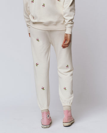 The Stadium Sweatpant. Embroidered -- Washed White With Embroidered Roses