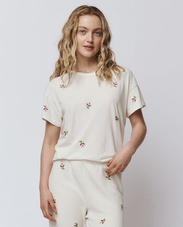 The Boxy Crew. Embroidered -- Washed White With Embroidered Roses