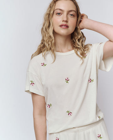 The Boxy Crew. Embroidered -- Washed White With Embroidered Roses