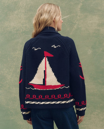 The Sailboat Lodge Cardigan. -- Dark Navy
