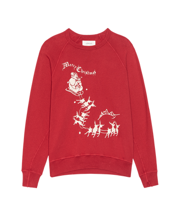 The Mens College Sweatshirt by THE GREAT. H25 MAN HOLIDAY GRAPHICS features a true red color with a white sleigh graphic.