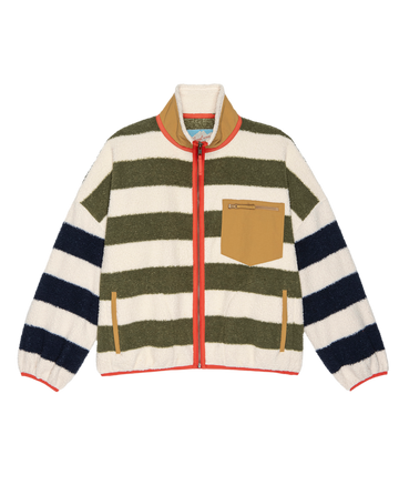 The GREAT. F25 TGO Plush Terrain Full-Zip in Mixed Heritage Stripe features plush fleece with cream, olive green, and navy stripes, a tan chest pocket and collar, red trim, and a full-zip front for easy layering.