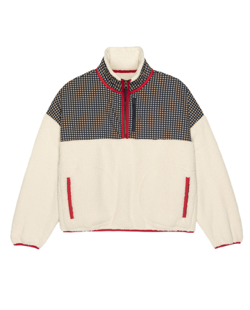 The GREAT. F25 TGO Print-Mix Plush Terrain Half-Zip in Mini Frosted Daisy & Cream features a plush fleece, patterned upper section, front zip, high collar, cozy pockets, and red trim—ideal for vintage camping gear fans.