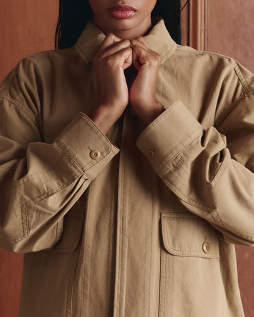 A person wearing a tan button-up jacket fastens the top button, with only the lower half of their face and upper body visible.