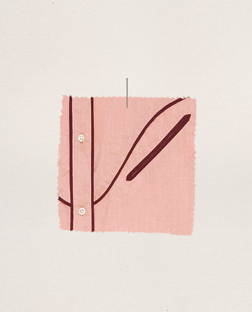 A simple illustration of THE GREAT. SP25 SLEEP The Western Pajama Shirt -- Rose Bloom shows a pink shirt segment with part of a button placket and breast pocket on a plain background.