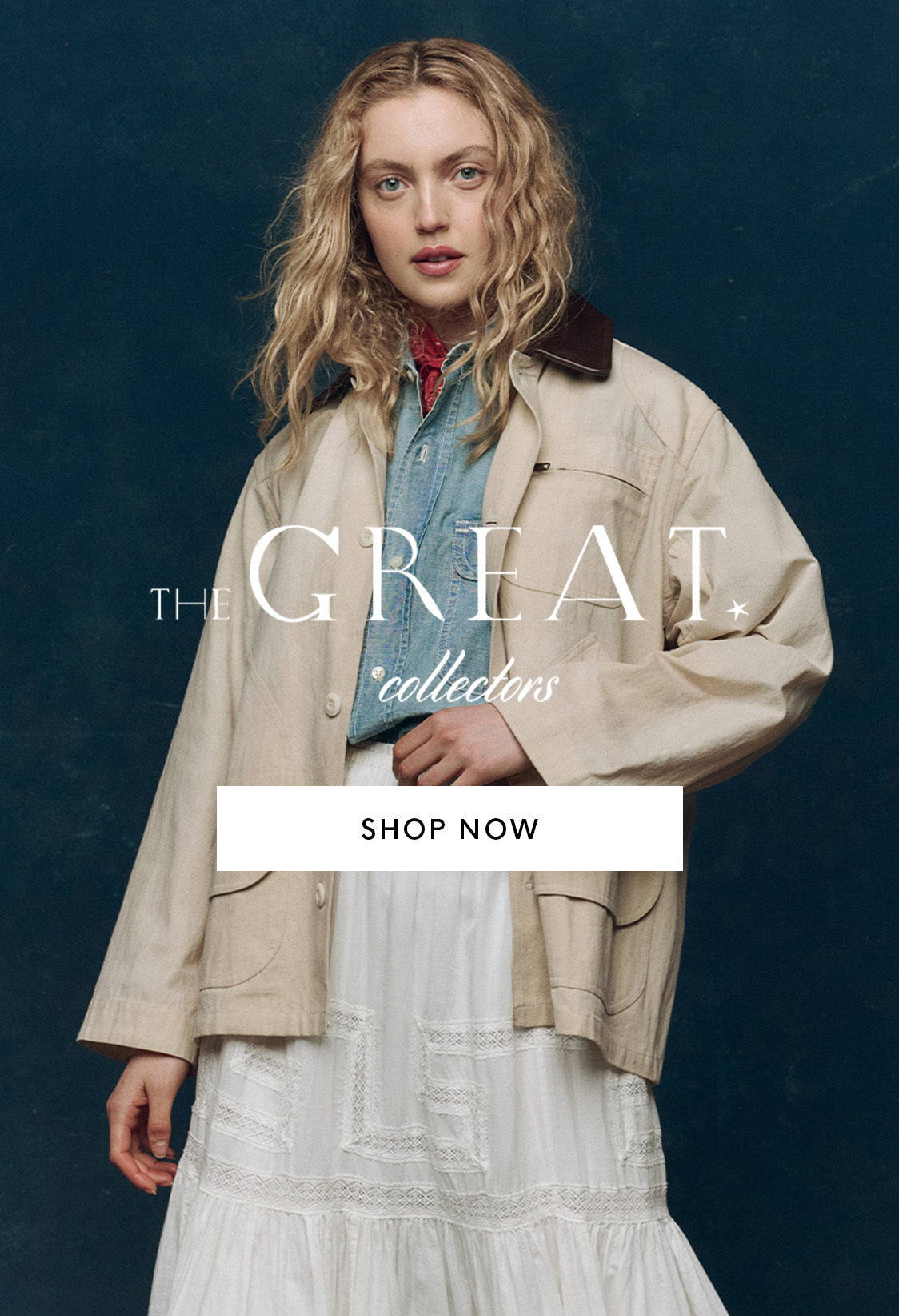 A woman with blonde wavy hair wears a cream jacket over a blue shirt and white skirt, standing against a dark blue background. Text reads: "The Great Collectors. Shop Now.