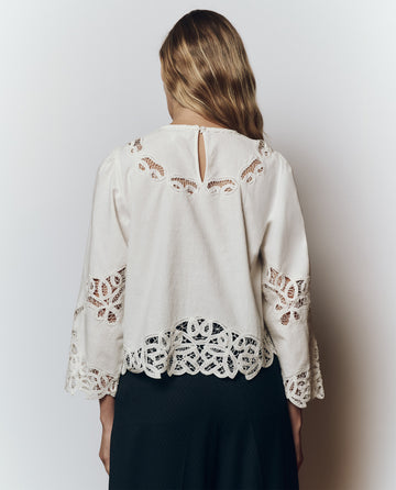 A person with long hair is shown from behind wearing THE GREAT. PS26 The Picnic Top in cream, a cotton design featuring Battenburg lace details on the sleeves, back, and hem, paired with a dark skirt.