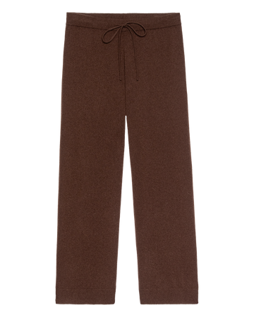 The Cashmere Lantern Pant in Chocolate by THE GREAT. H25 CASHMERE features a drawstring waist, straight legs, and ankle-length hems—ideal luxury loungewear, shown laid flat on a white background.