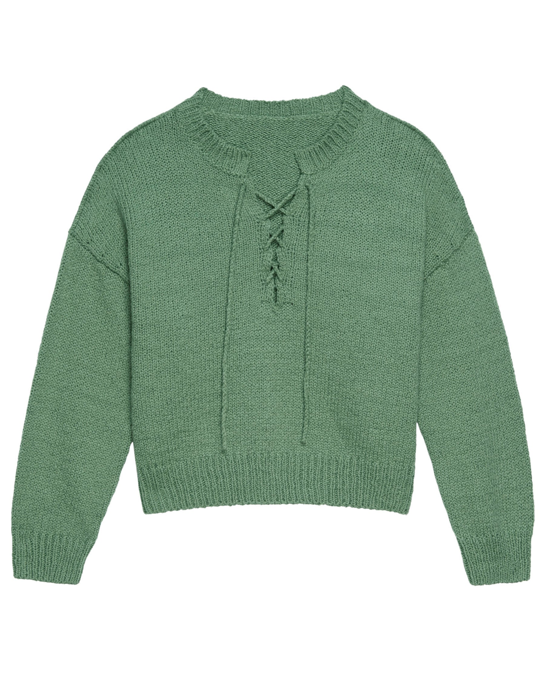 The Lace Up Pullover. -- Dried Basil SWEATERS THE GREAT. SP24 D1