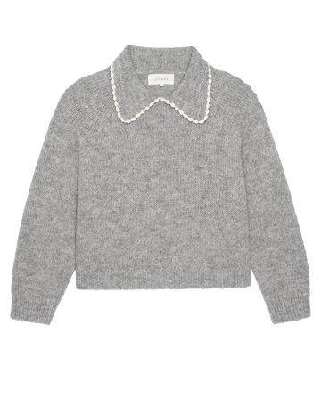 The Crochet Collar Pullover by THE GREAT. H25 COLLECTION in heather grey features long sleeves and a large crochet collar with a white scalloped edge.