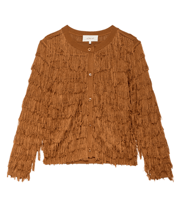 The Fringe Cardigan in Bronze by THE GREAT. F25 D1, made from soft viscose yarn, features long sleeves, a round neckline, ribbed details, a button-down front, and is shown on a plain background.